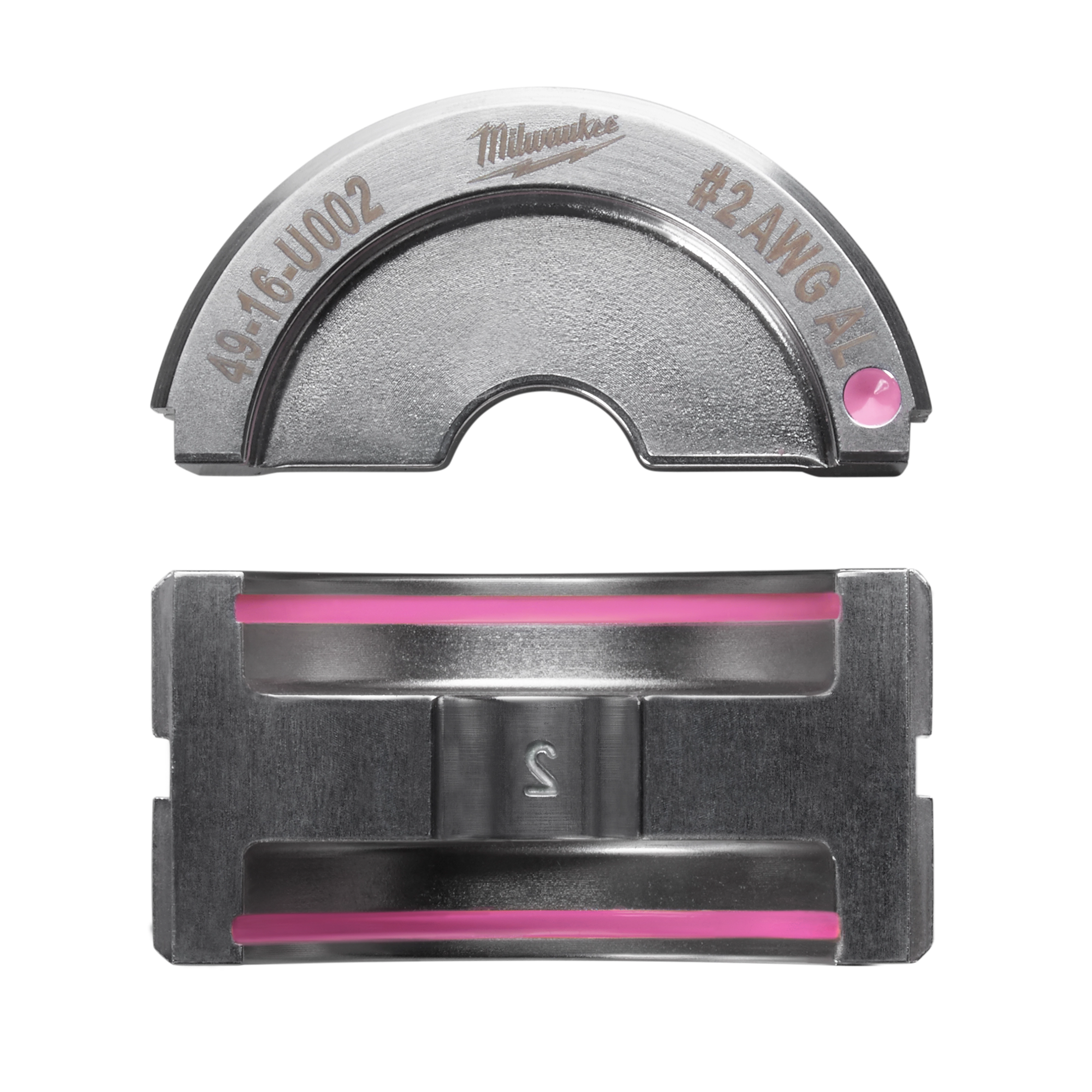 %232 Aluminum U Style Die is a metallic tool component with pink accents. It has semi-circular and rectangular parts, labeled for #2 AWG aluminum use, featuring the identification number 49-16-U002.