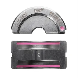 %232 Aluminum U Style Die is a metallic tool component with pink accents. It has semi-circular and rectangular parts, labeled for #2 AWG aluminum use, featuring the identification number 49-16-U002.