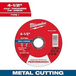 4-1/2" x .045" x 7/8" Performance+ Metal Cut Off Wheel - Type 1. Red disc with white text and product details for cutting metal.
