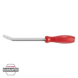 This image shows a Milwaukee screwdriver with a red handle and a flat metal blade. The tool appears new and unused. The bottom-left corner features a "Lifetime Guarantee" badge, indicating the product's durability and warranty promise.