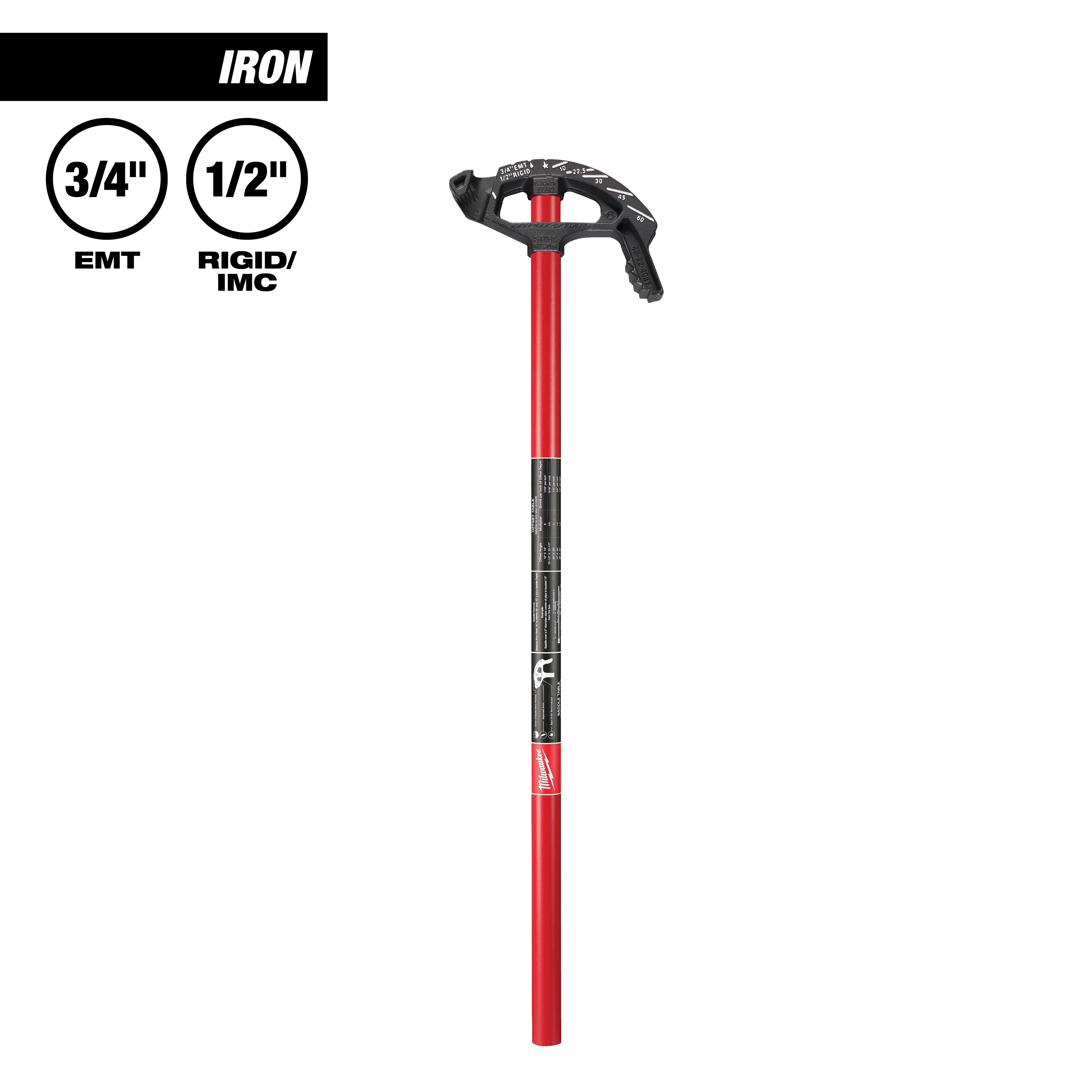 3/4" Iron EMT Conduit Bender with a red handle and black bending head for precise bending of electrical conduit pipes.