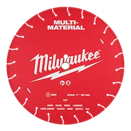 Image of a red, circular 14" Multi-Material Diamond Blade by Milwaukee. The blade features text indicating its suitability for cutting brick, block, metal, laminate, fiber cement, plastic, wood, ductile, and tile. It also specifies a dry use with an arbor size of 1" (20 mm).