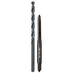 10-24 Straight Flute Plug Tap and #25 Drill Bit set, featuring a spiral drill bit and a straight flute tap with "10-24 NC" marking.