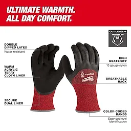 Cut Level 4 Winter Dipped Gloves displayed upright with text callouts highlighting their features.