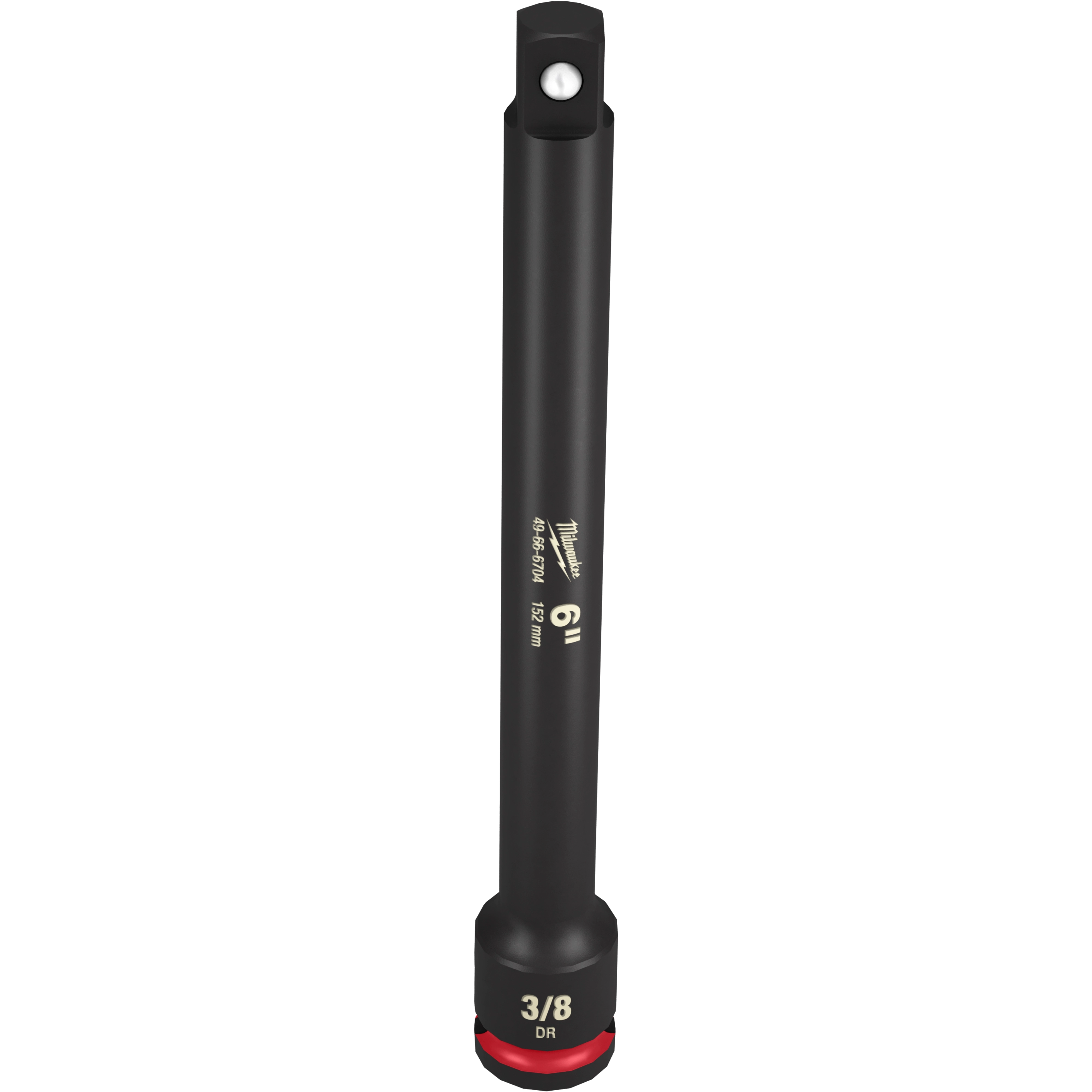 The 3/8" DR 6" IMPACT EXTENSION is a black, cylindrical tool used to extend the reach of impact wrenches. It features a 3/8-inch drive and a length of 6 inches (152 mm). The tool has white markings with specifications and a red accent near the drive end.