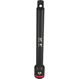 The 3/8" DR 6" IMPACT EXTENSION is a black, cylindrical tool used to extend the reach of impact wrenches. It features a 3/8-inch drive and a length of 6 inches (152 mm). The tool has white markings with specifications and a red accent near the drive end.