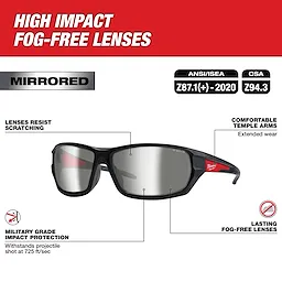The Mirrored Performance Safety Glasses feature high impact, fog-free lenses, comfortable temple arms, and scratch resistance.