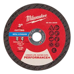 3" Metal Cut Off Wheel 3PK circular cutting disc with red label, center arbor hole, and printed safety icons.