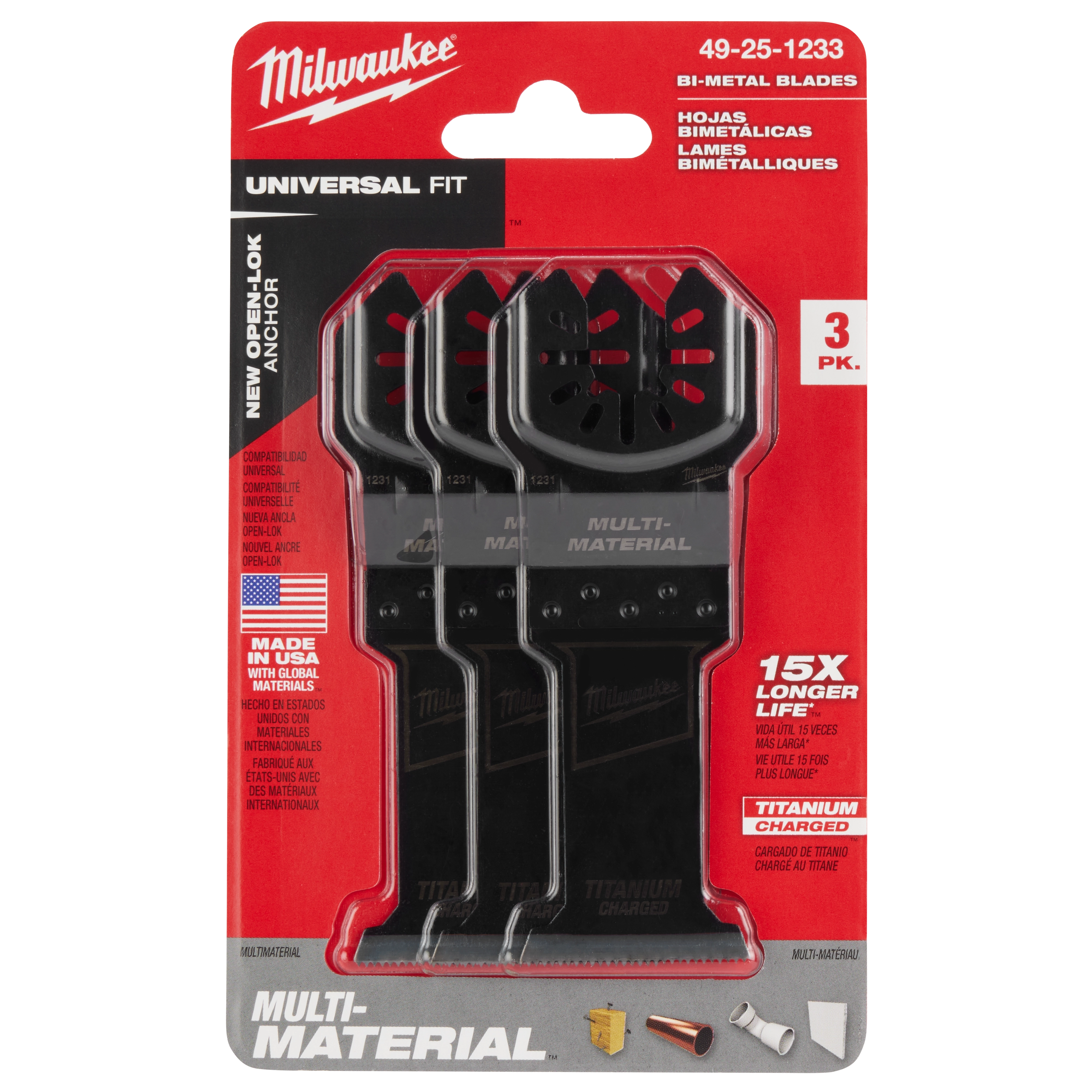 Milwaukee Open-Lok 1-3/8" Titanium Charged Bi-Metal Multi-Material Multi-Tool Blade 3PK, universal fit with 15x longer life.