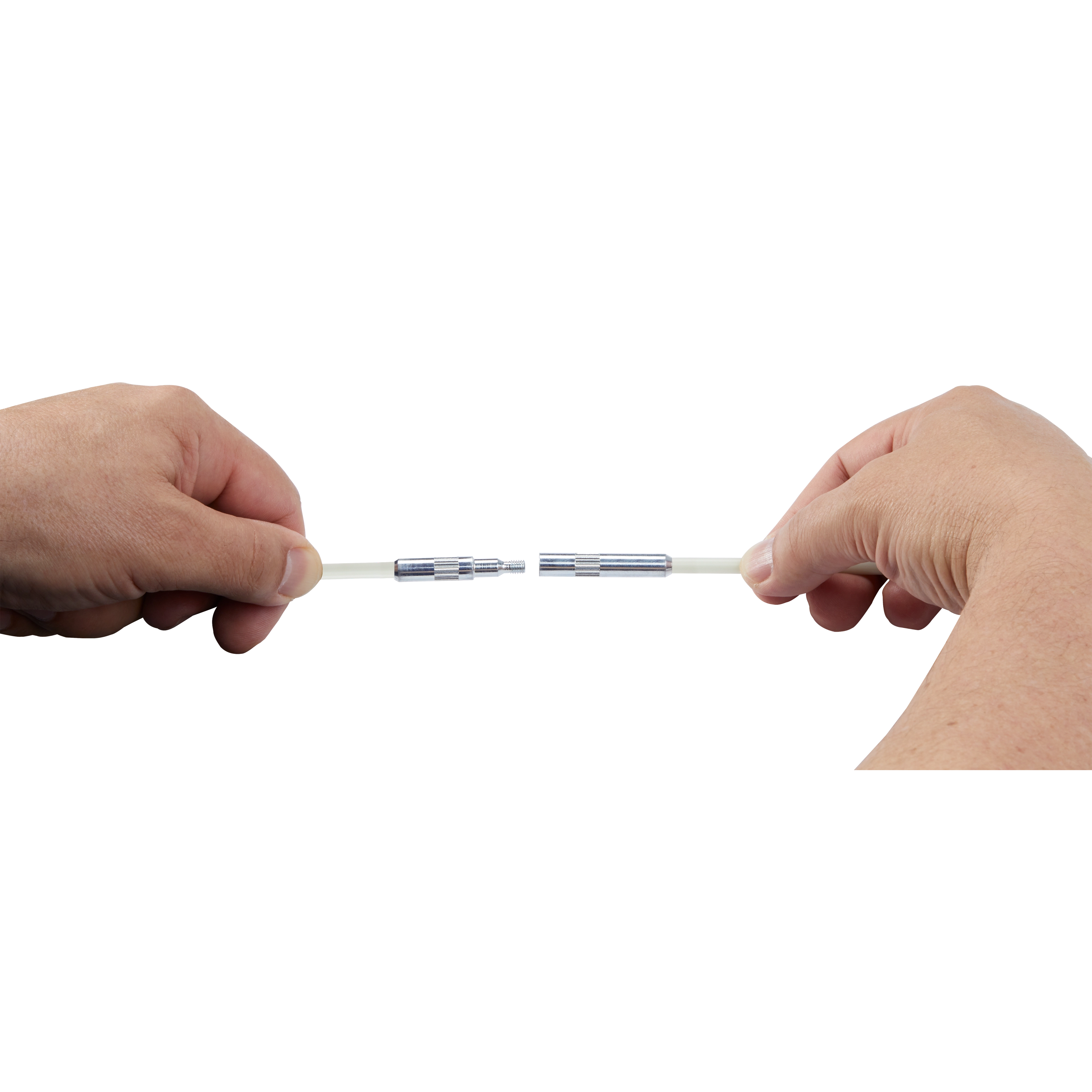 Hands holding two ends of a disconnected 5 Foot High Flex Fish Stick cable, showcasing its metal connectors.
