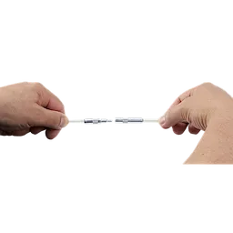 Hands holding two ends of a disconnected 5 Foot High Flex Fish Stick cable, showcasing its metal connectors.