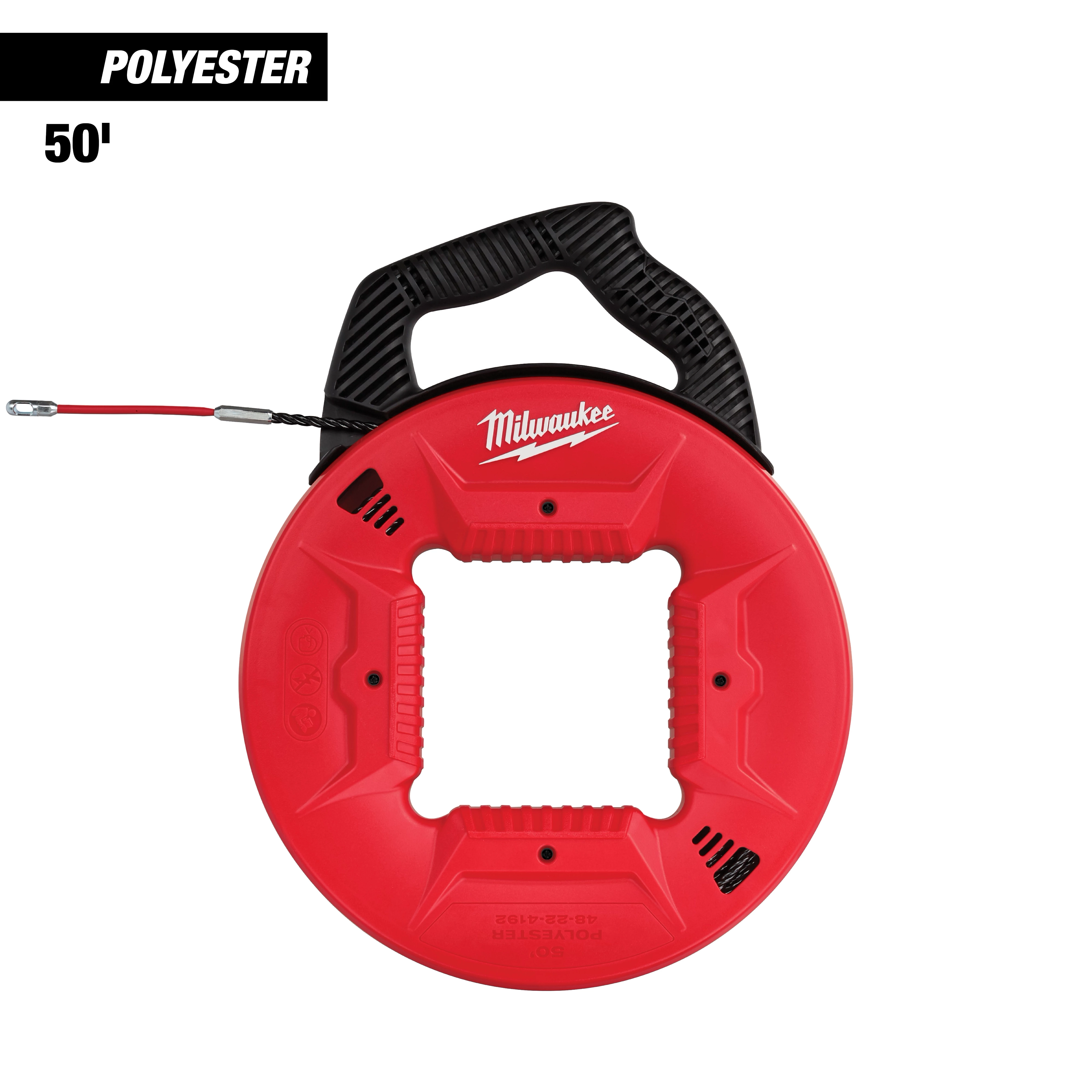 50' Polyester Fish Tape with Flexible Metal Leader by Milwaukee, featuring a red circular reel with a black handle and tape guide.