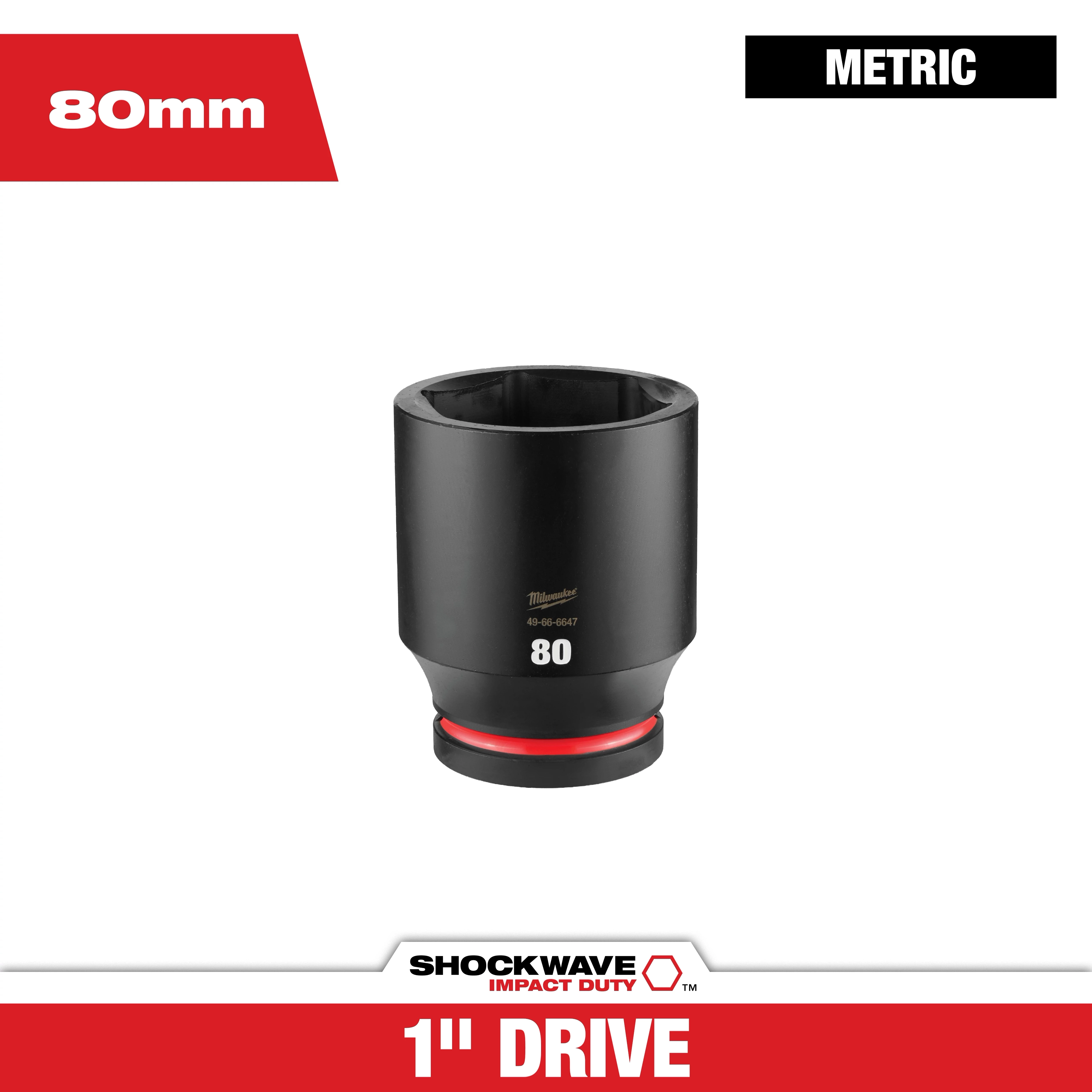SHOCKWAVE Impact Duty 1" Drive 80MM Deep 6 Point Socket centered on a white background with red accents
