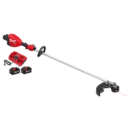 The image shows an M18 FUEL™ 17” Dual Battery String Trimmer. The trimmer is red and black with a long metal shaft and cutting head. Included are a double battery charger and two battery packs.