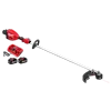 The image shows an M18 FUEL™ 17” Dual Battery String Trimmer. The trimmer is red and black with a long metal shaft and cutting head. Included are a double battery charger and two battery packs.