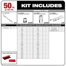 191 PC Mechanic's Tool Set includes a 1/4" ratchet, 23 standard sockets, 23 deep-well sockets, 3 drive accessories, and a case with a tray.