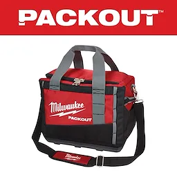 Milwaukee PACKOUT tool bag in red and black with gray handles, featuring a zippered top, shoulder strap, and Milwaukee logo.