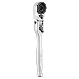 1/4” Hex Drive Mini Flex Head Bit Ratchet with a silver handle and adjustable head, featuring a compact design for tight spaces.