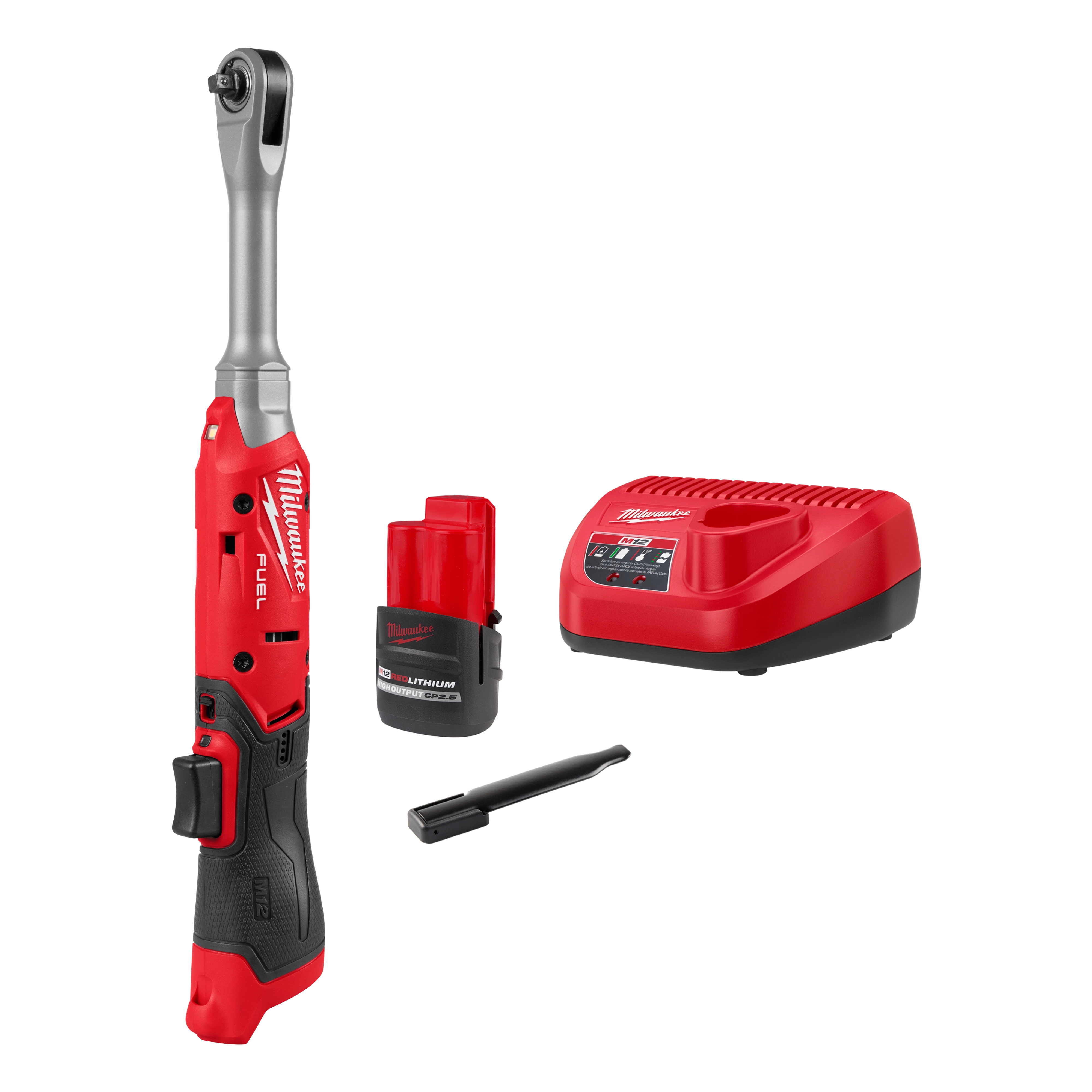 Milwaukee M12 FUEL 1/4" Extended Reach Ratchet Kit includes a cordless ratchet, a rechargeable M12 battery, a battery charger, and an extension tool.