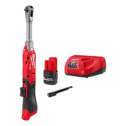 Milwaukee M12 FUEL 1/4" Extended Reach Ratchet Kit includes a cordless ratchet, a rechargeable M12 battery, a battery charger, and an extension tool.