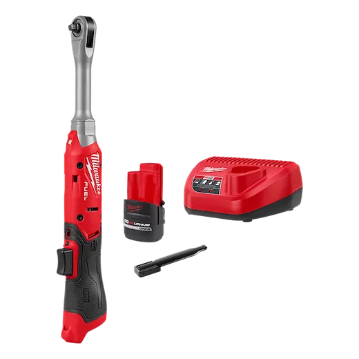 Milwaukee M12 FUEL 1/4" Extended Reach Ratchet Kit includes a cordless ratchet, a rechargeable M12 battery, a battery charger, and an extension tool.