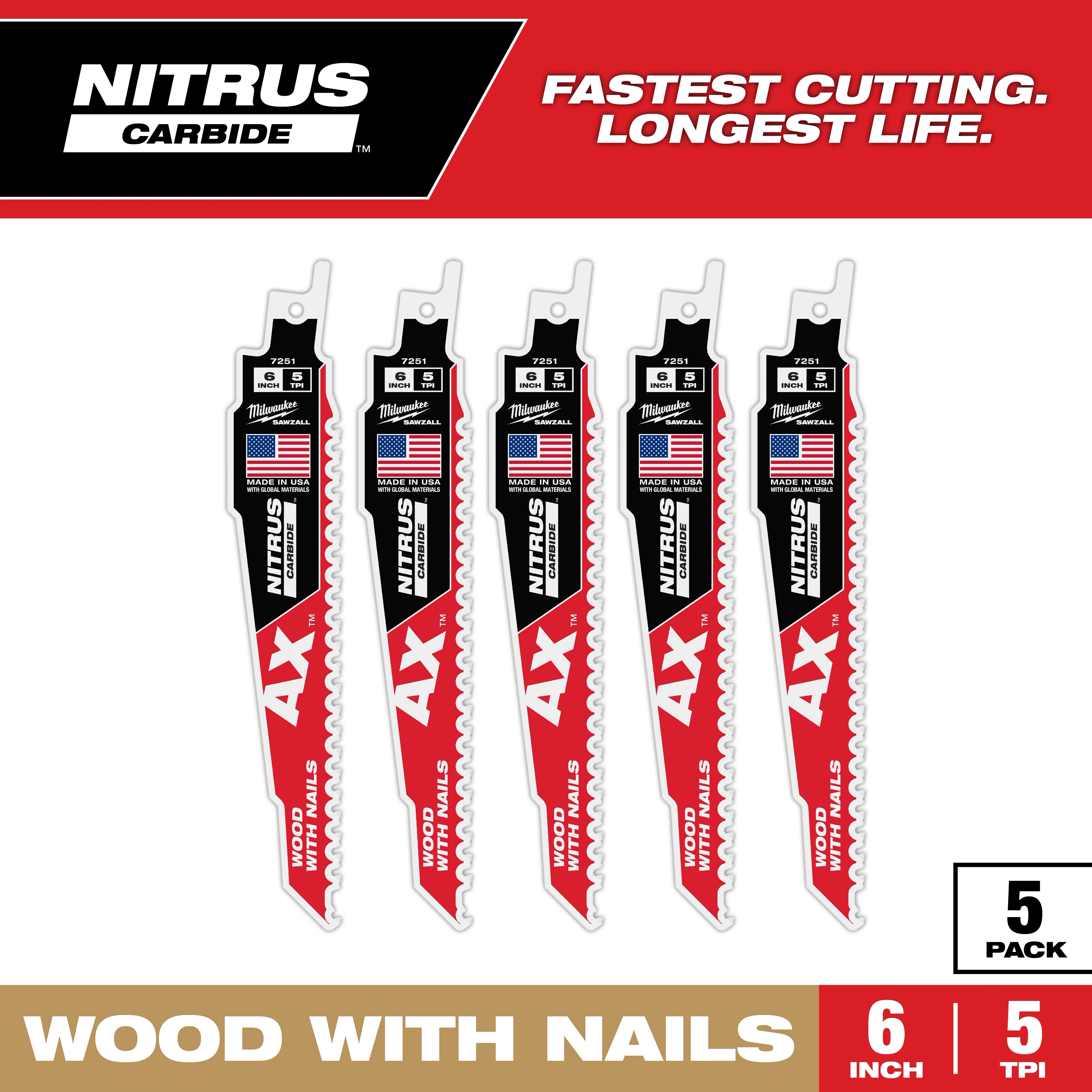 Five 6" 5 TPI AX w/NITRUS Carbide Teeth SAWZALL Blades are displayed in a 5-pack for wood with nails.