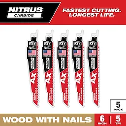 Five 6" 5 TPI AX w/NITRUS Carbide Teeth SAWZALL Blades are displayed in a 5-pack for wood with nails.