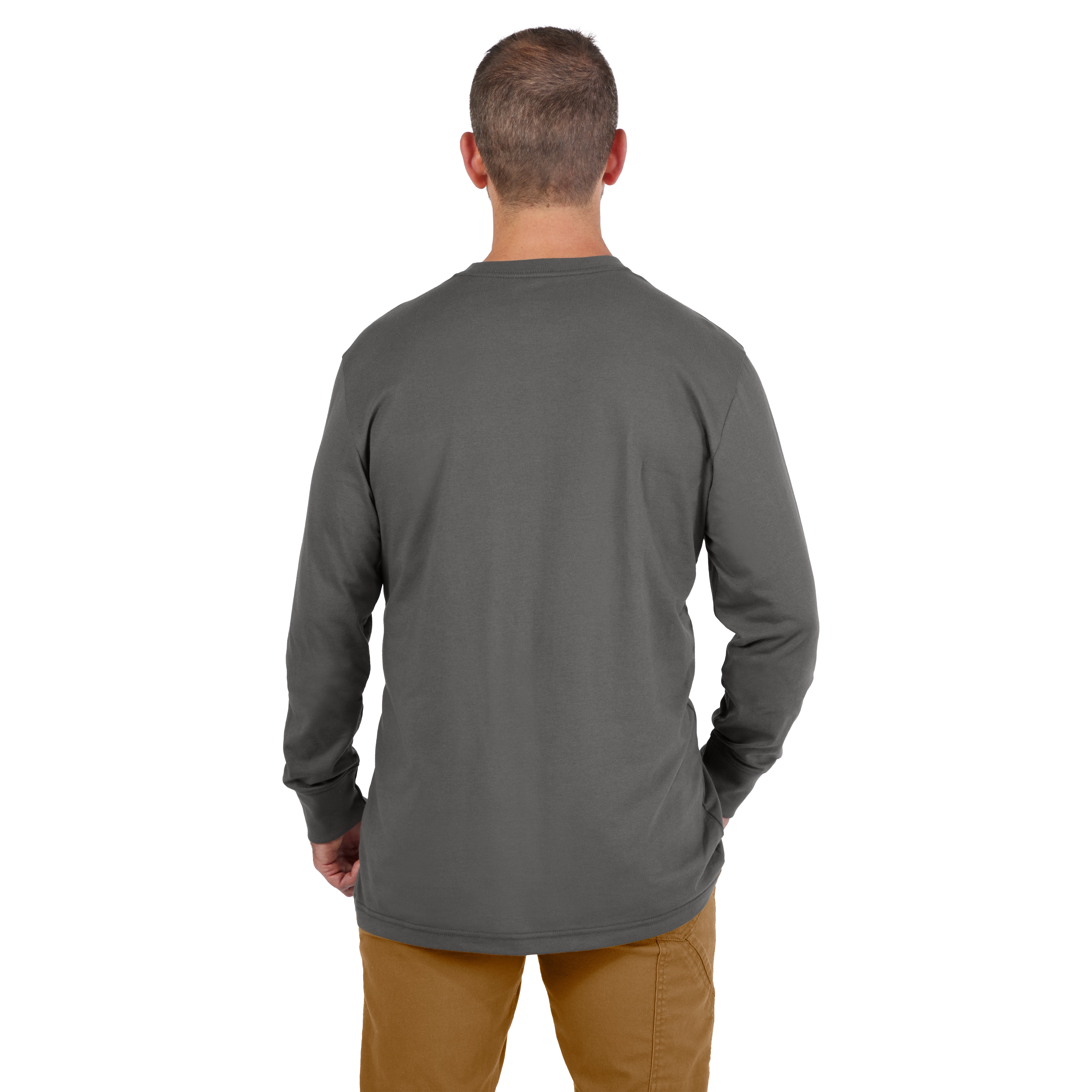 Man wearing a gray Heavy Duty Pocket T-Shirt with long sleeves, viewed from behind. The shirt is paired with tan pants.