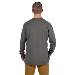 Man wearing a gray Heavy Duty Pocket T-Shirt with long sleeves, viewed from behind. The shirt is paired with tan pants.