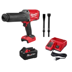 M18 FUEL STRIKER Hammer Chisel with battery, charger, power cord, and two chisel attachments on a plain background.