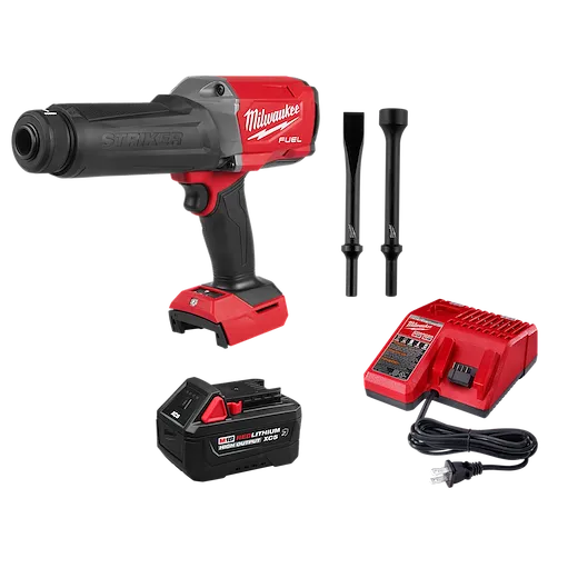 M18 FUEL STRIKER Hammer Chisel with battery, charger, power cord, and two chisel attachments on a plain background.