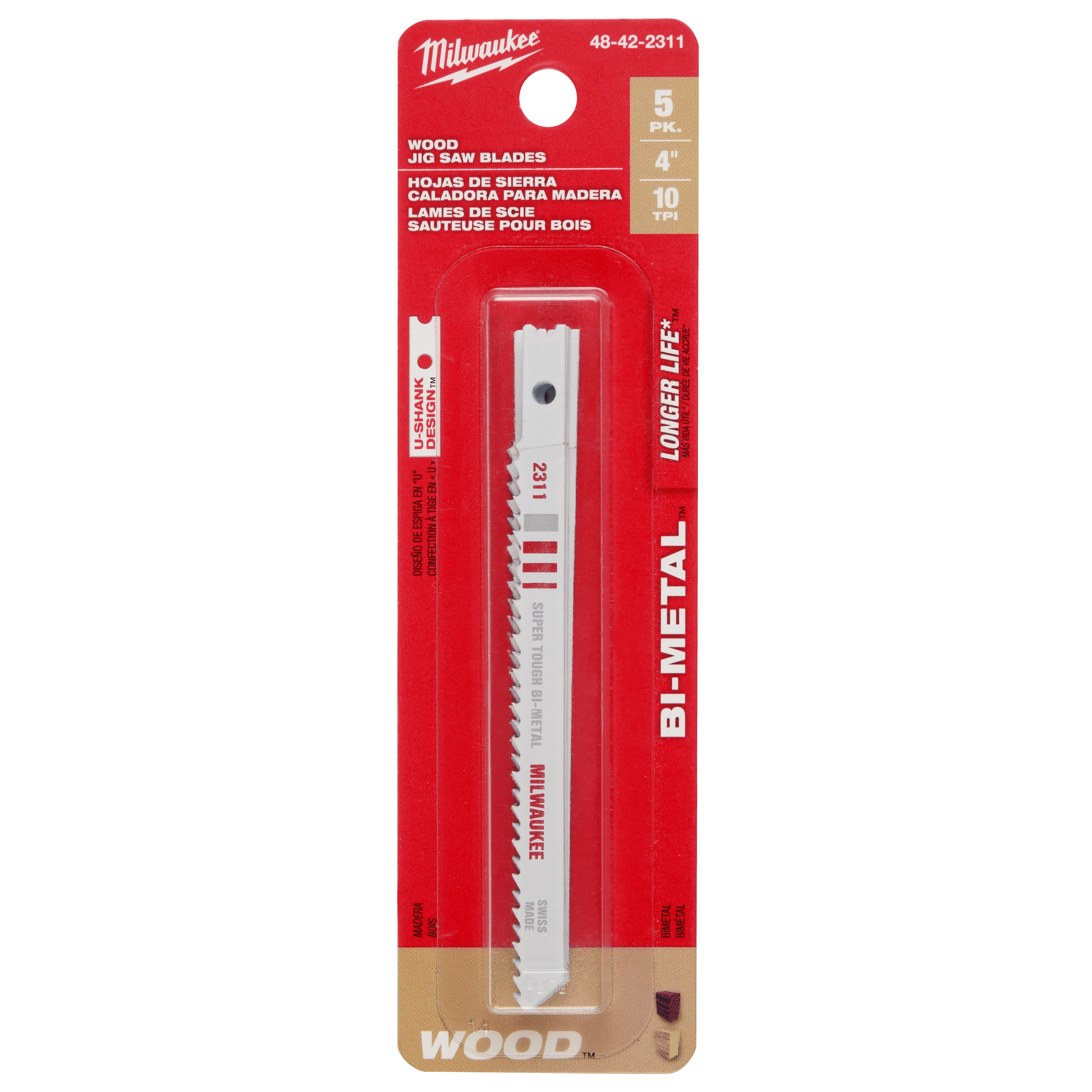 4" 10TPI U-Shank Wood Bi-Metal Jig Saw Blades 5PK in red packaging, designed for wood cutting, featuring long-lasting blades.
