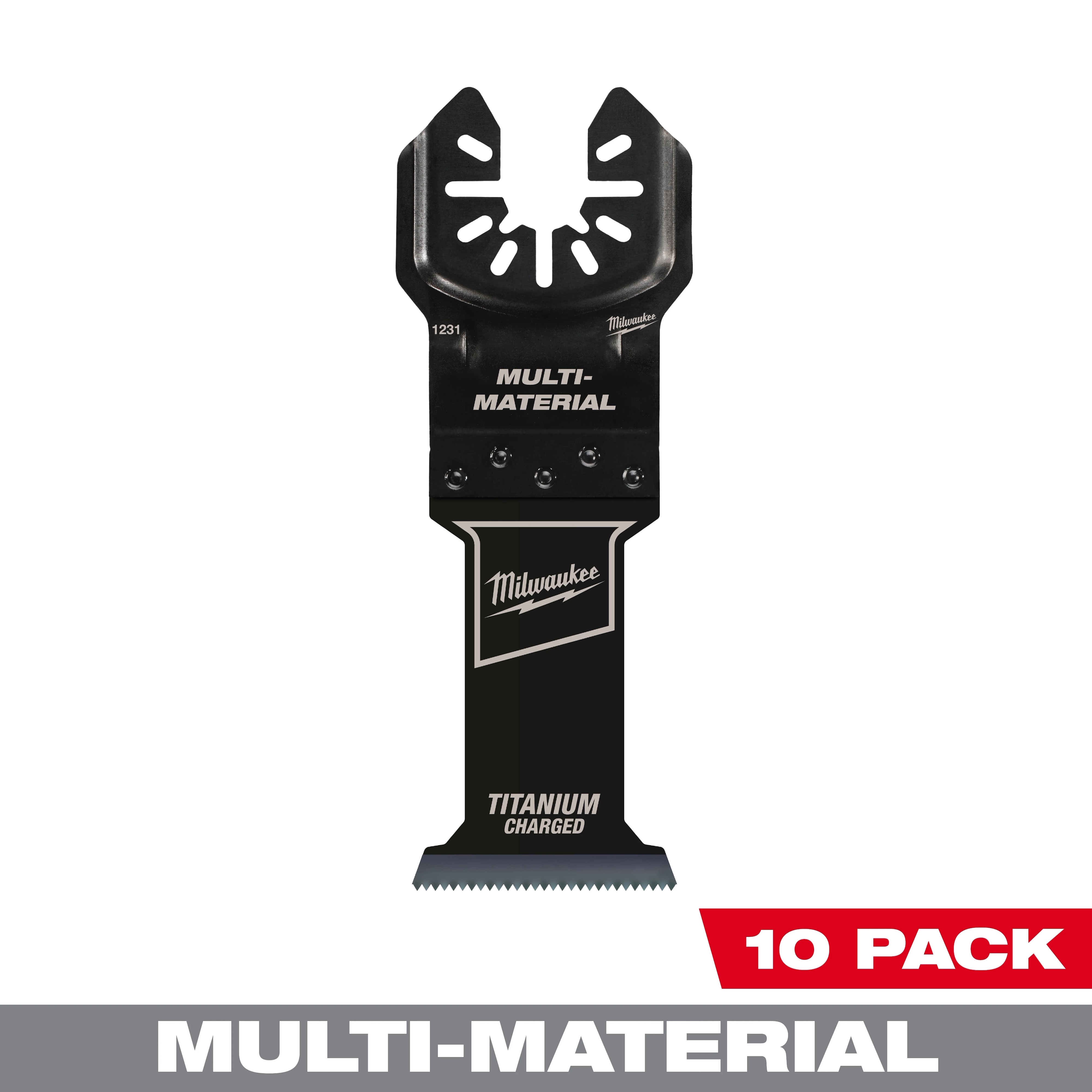 Milwaukee Open-Lok 1-3/8" Titanium Bi-Metal Multi-Material Multi-Tool Blade, 10 pack. Black blade with the Milwaukee logo.