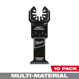 Milwaukee Open-Lok 1-3/8" Titanium Bi-Metal Multi-Material Multi-Tool Blade, 10 pack. Black blade with the Milwaukee logo.