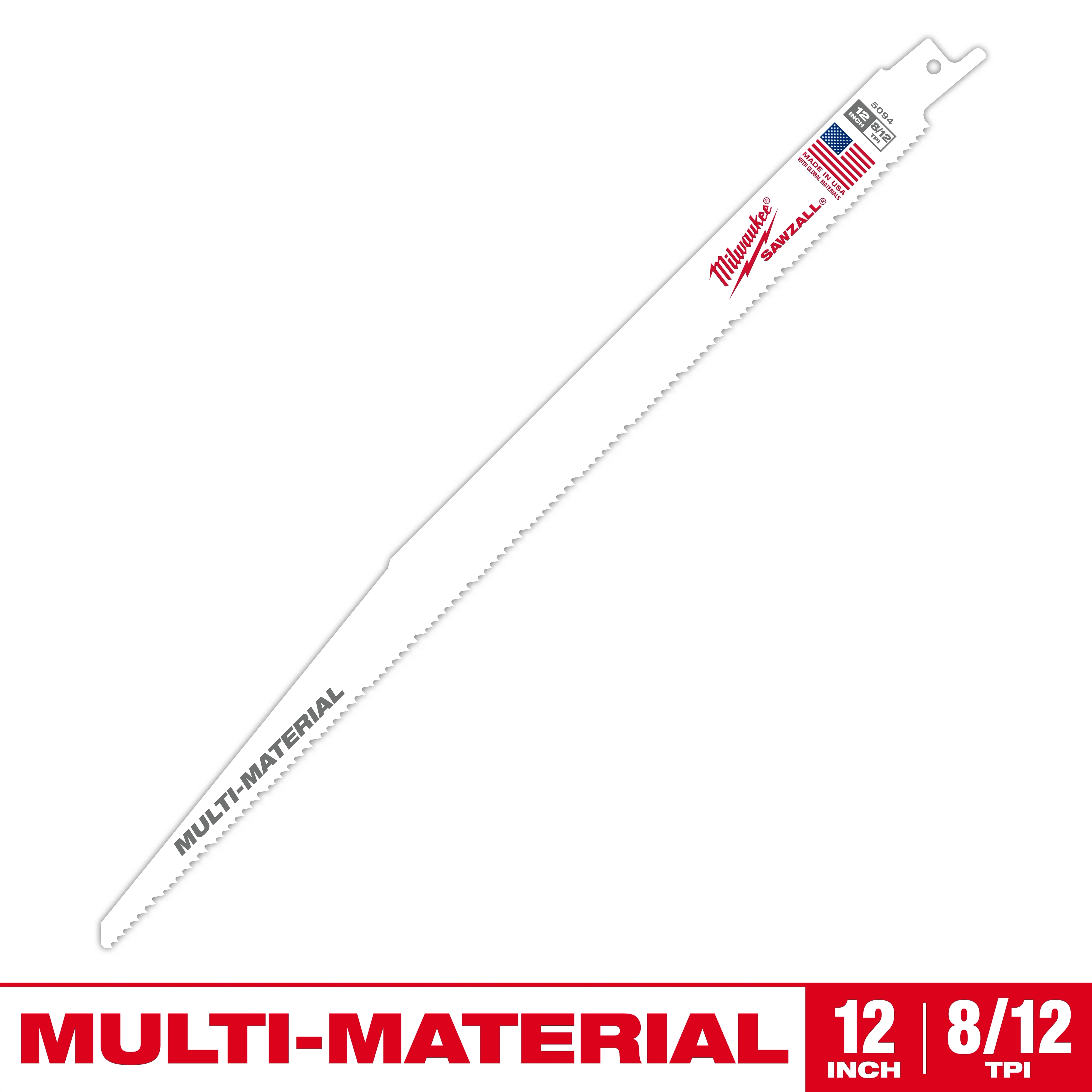 Milwaukee multi-material saw blade features 8/12 teeth per inch, designed for versatile cutting needs. The 12-inch blade is labeled with its brand name, specifications, and country of origin, USA. It is efficient for cutting through various materials and has a red, white, and grey color scheme with the text "Multi-Material" printed on it.