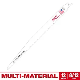 Milwaukee multi-material saw blade features 8/12 teeth per inch, designed for versatile cutting needs. The 12-inch blade is labeled with its brand name, specifications, and country of origin, USA. It is efficient for cutting through various materials and has a red, white, and grey color scheme with the text "Multi-Material" printed on it.