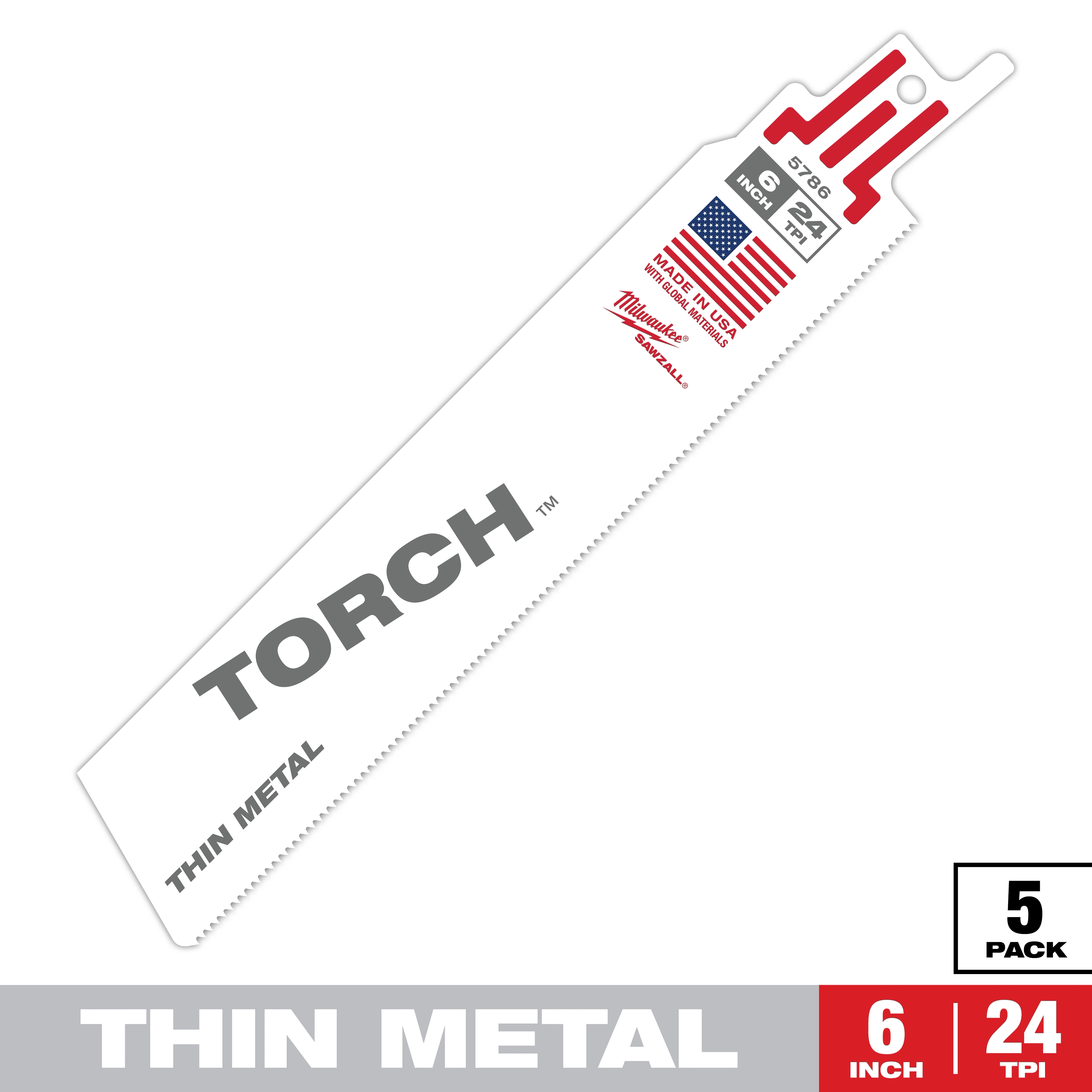 The Sawzall Bi-Metal Carbide Primary Images shows a 6-inch, 24 TPI saw blade designed for cutting thin metal. It is made in the USA and sold in a 5-pack.