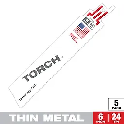 The Sawzall Bi-Metal Carbide Primary Images shows a 6-inch, 24 TPI saw blade designed for cutting thin metal. It is made in the USA and sold in a 5-pack.