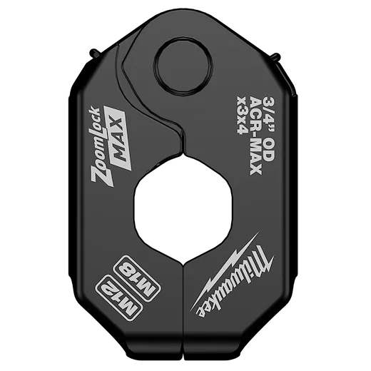 The 3/4" ZoomLock MAX® & MaxiPro® Pivoting Press Ring is a black, metal tool designed for secure pipe connections. It features branding and specifications directly printed onto the circular device, which is used in plumbing and HVAC applications.