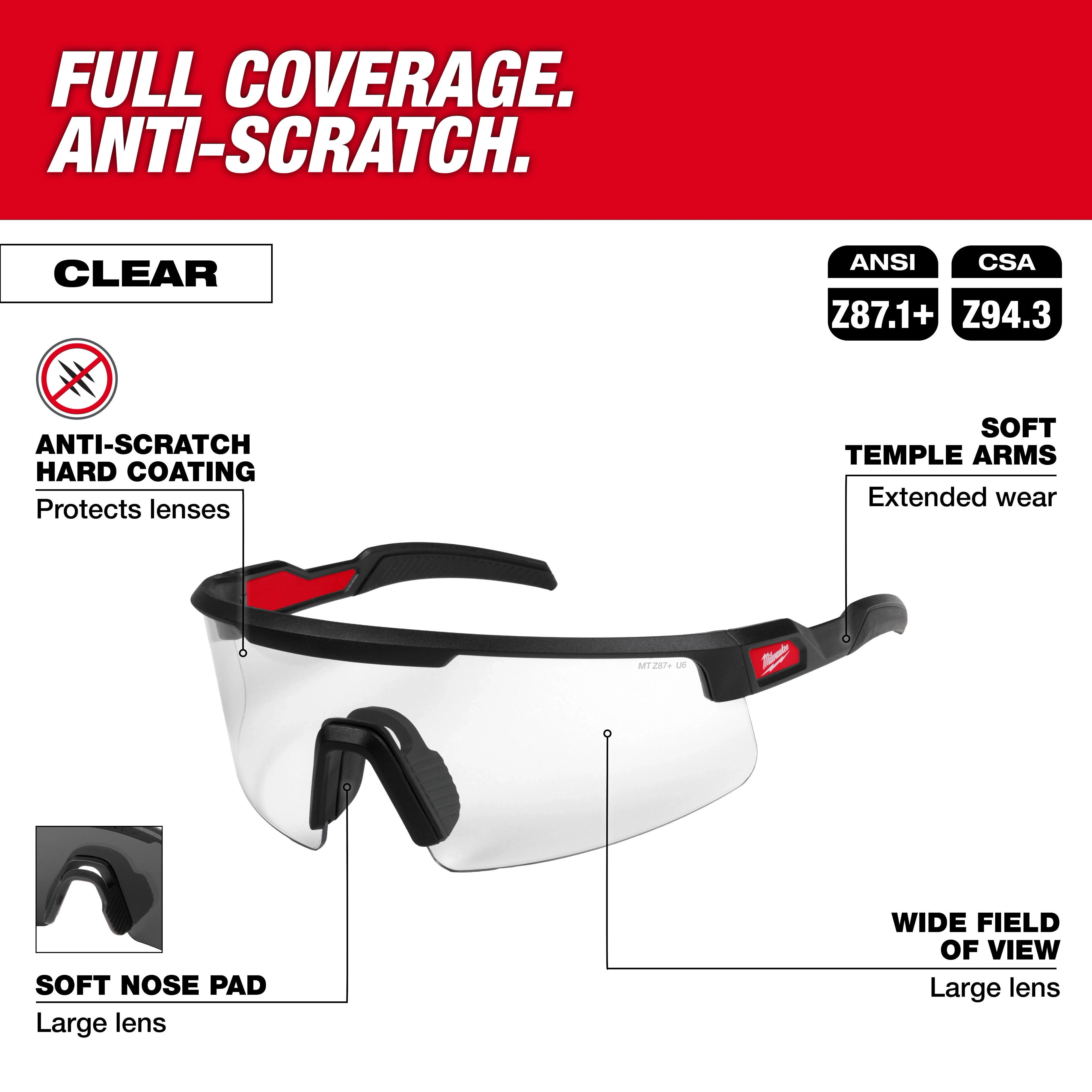 Wrap Around Safety Glasses with Clear Anti-Scratch Lenses feature a soft nose pad, soft temple arms for comfort, and a wide field of view.
