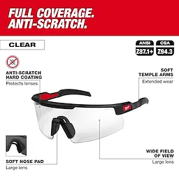 Wrap Around Safety Glasses with Clear Anti-Scratch Lenses feature a soft nose pad, soft temple arms for comfort, and a wide field of view.