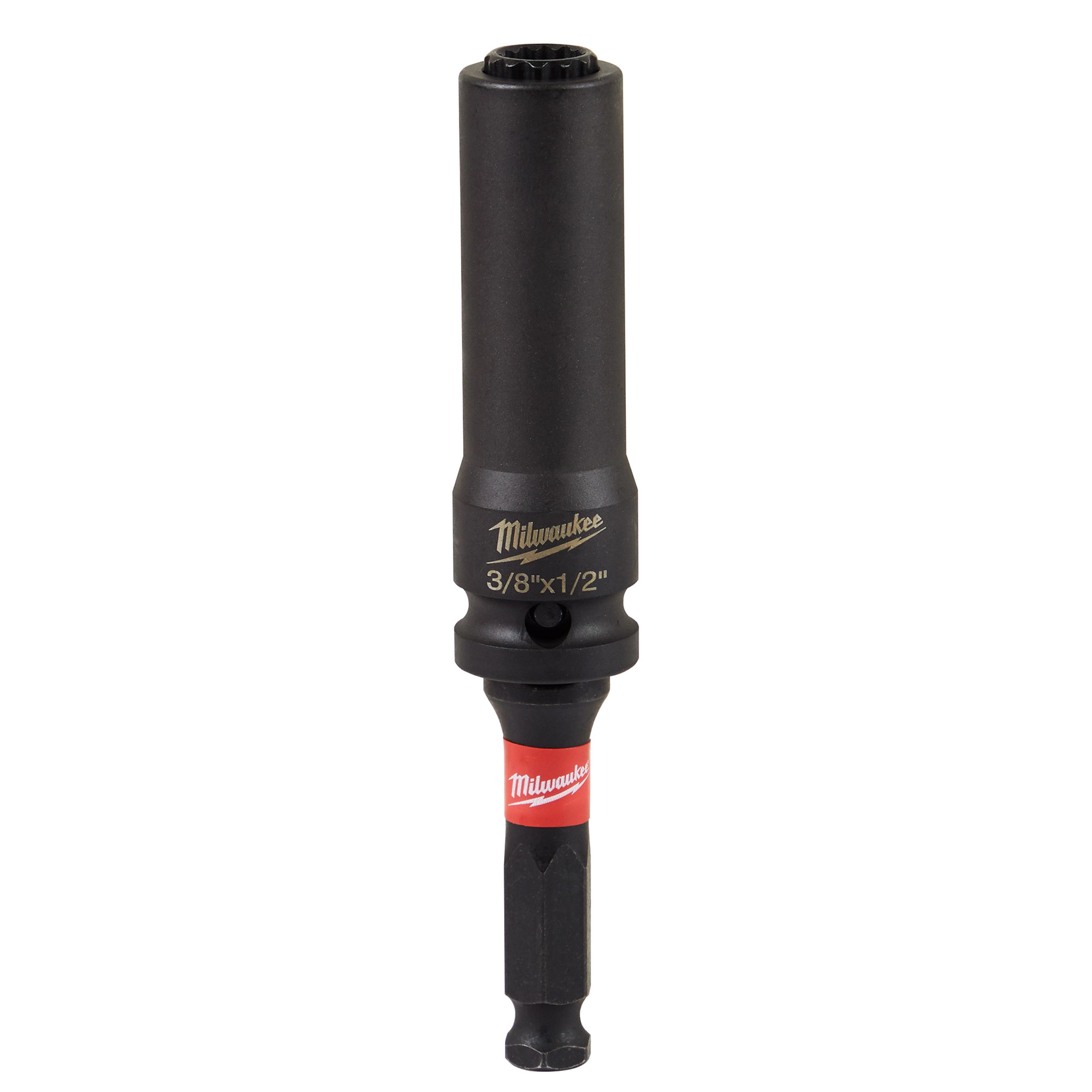 Shockwave Lineman's 12PT 3/8" & 1/2" 2-in-1 Socket featuring a dual socket design, black finish, and the brand's logo. The socket is designed for heavy-duty use with power tools and has a red and black handle identification.