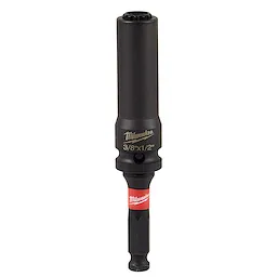 Shockwave Lineman's 12PT 3/8" & 1/2" 2-in-1 Socket featuring a dual socket design, black finish, and the brand's logo. The socket is designed for heavy-duty use with power tools and has a red and black handle identification.