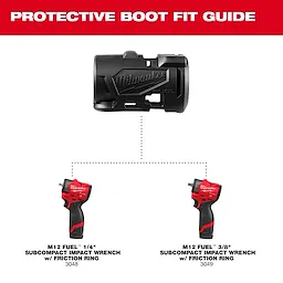 The image displays a protective boot fit guide for M12 FUEL™ Subcompact Impact Wrench w/ Friction Ring, suitable for both 1/4" and 3/8" models, identified as 3048 and 3049 respectively.