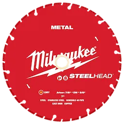 The 7” STEELHEAD™ Metal Cutting Diamond Blade by Milwaukee is a red circular blade designed for cutting steel, stainless steel, schedule 40 pipe, cast iron, and copper. It is suitable for dry use and has an arbor size of 7/8" with a DM size of 5/8".