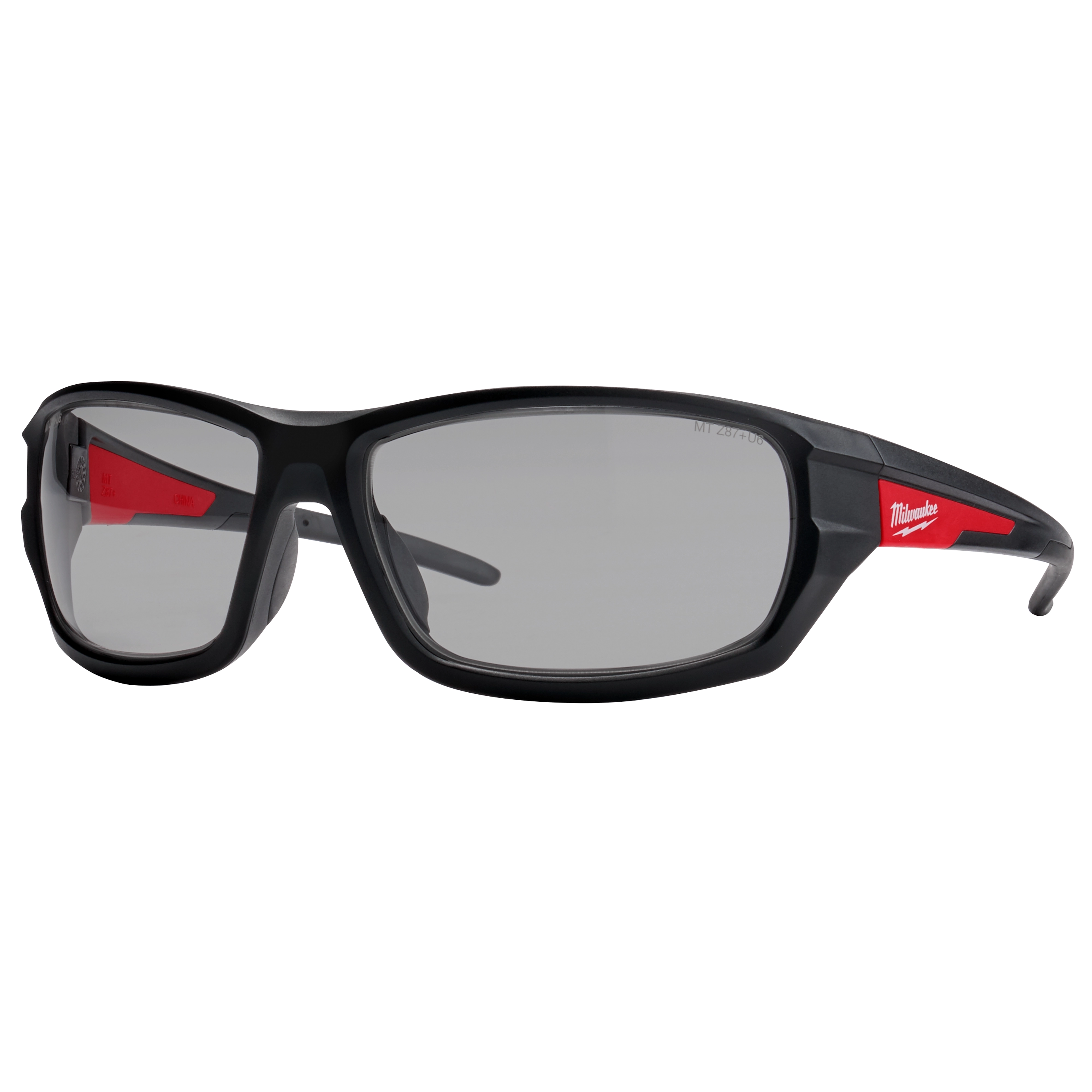 Performance Safety Glasses - Gray Fog-Free Lenses with black frame and red accents, featuring rectangular shaped lenses and logo on the temple.