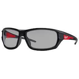 Performance Safety Glasses - Gray Fog-Free Lenses with black frame and red accents, featuring rectangular shaped lenses and logo on the temple.