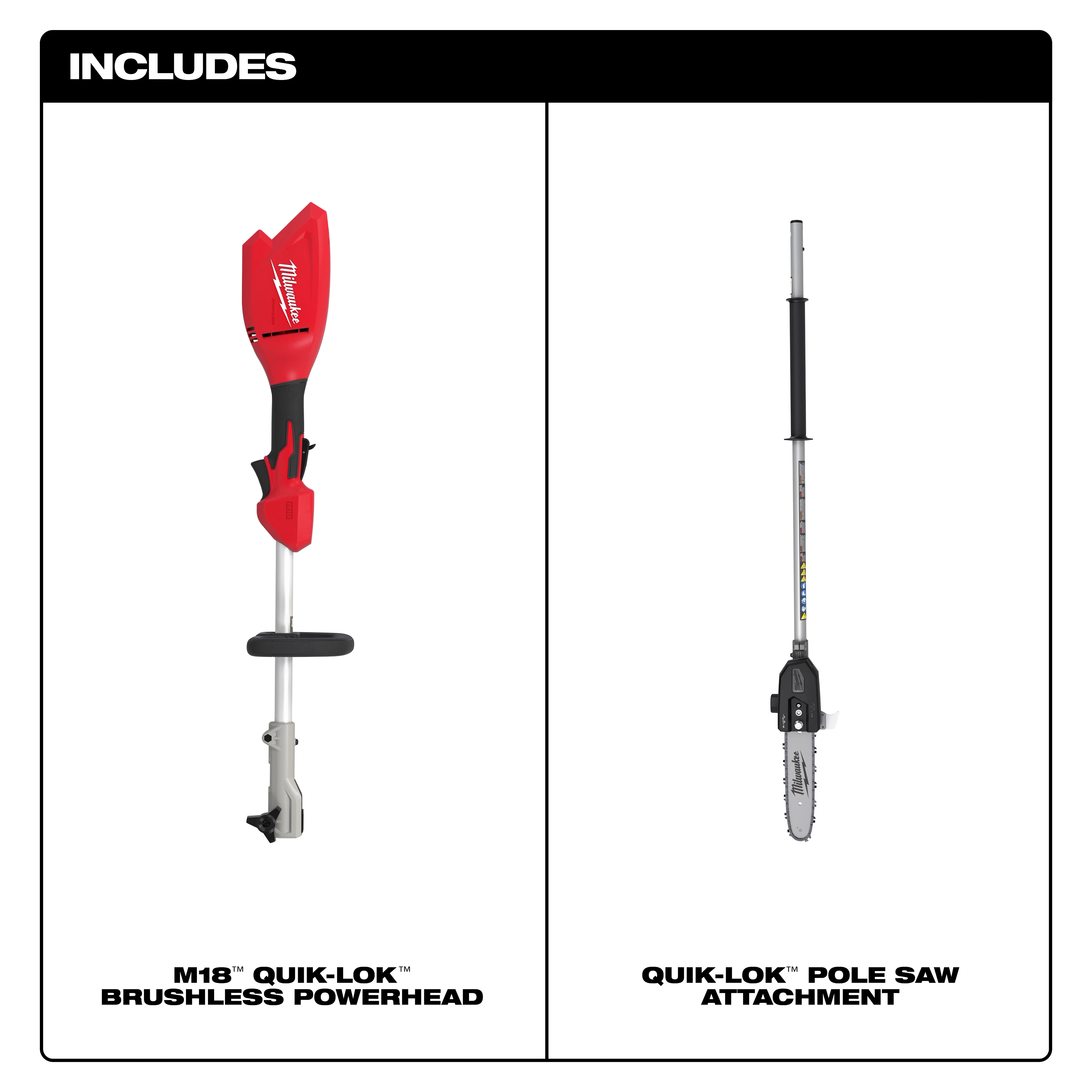 M18 QUIK-LOK Brushless Pole Saw with red powerhead and long pole saw attachment displayed side by side.