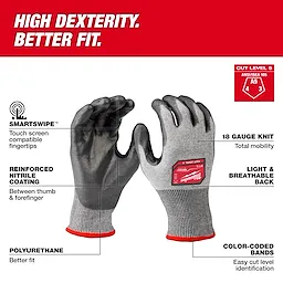 Cut Level 5 High Dexterity Polyurethane Dipped Gloves feature touchscreen-compatible fingertips, reinforced nitrile coating, and an 18-gauge knit.