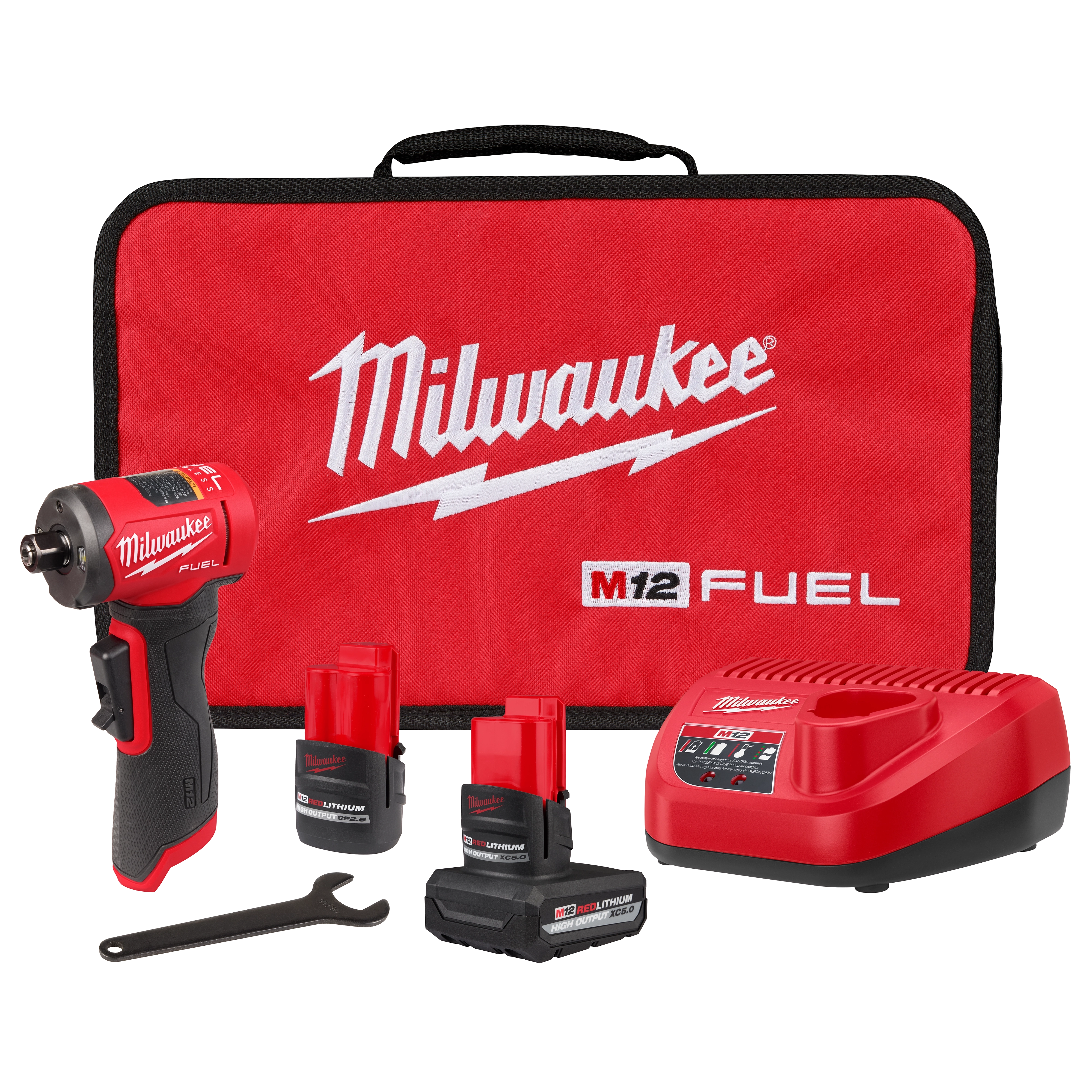 A Milwaukee M12 Fuel cordless impact wrench kit is displayed, including a red tool bag, two red and black lithium-ion batteries, a battery charger, and a small wrench.